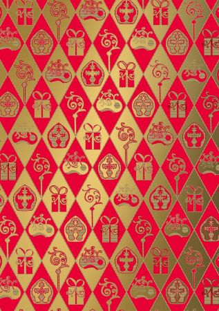 Afbeeldingen van Kraft cadeaupapier 30cm 125m - Classic sint rood/goud