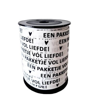 Paperlook krullint - Een pakketje vol liefde - Wit/zwart - 10mmx150m