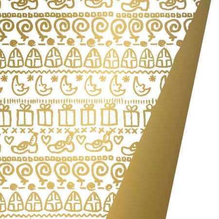 Afbeeldingen van Coated cadeaupapier 50cm 125m - Sint symbols wit/goud