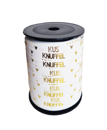 Bedrukt cadeaulint - Kus + Knuffel, wit/goud - 10mmx150m