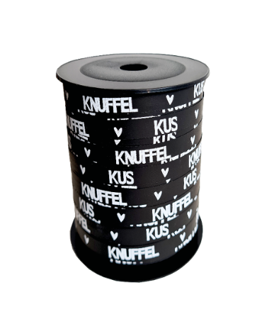 Bedrukt cadeaulint - Kus + Knuffel, zwart/wit - 10mmx150m