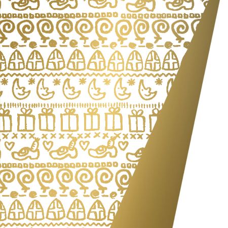 Afbeeldingen van Coated cadeaupapier 125m - Sint symbols wit/goud