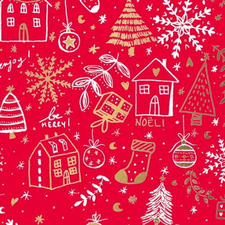 Afbeeldingen van Coated cadeaupapier 60cm 200m - Happy Holidays red/gold