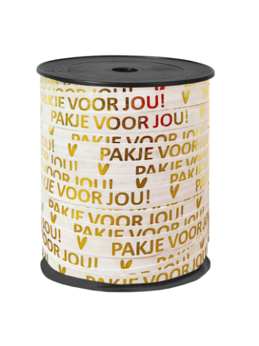KP® Bedrukt cadeaulint - Pakje voor jou Wit/Goud - 10mmx150m bedrukt cadeaulint, cadeaulint, kadolint, linten