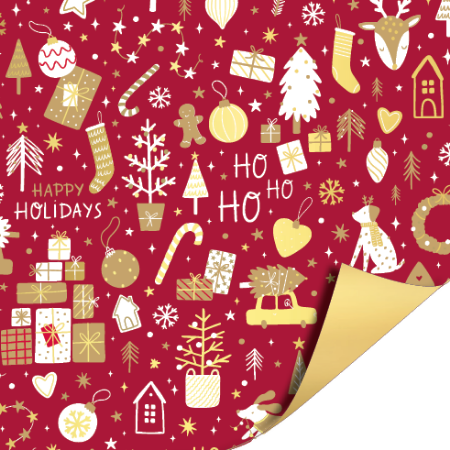 Afbeeldingen van KP® Coated papier 50cm 100m - Cosy Christmas Red/Gold AZ Gold