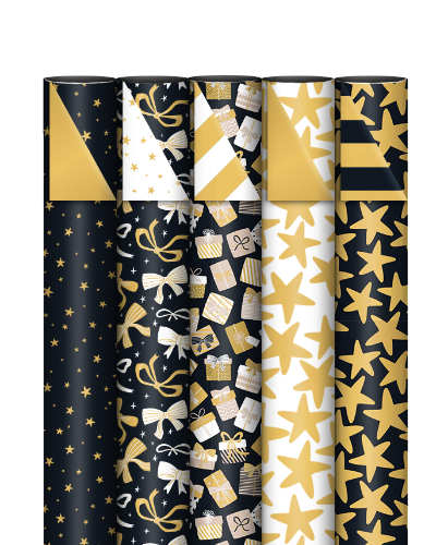 Consumentenrollen box - KP® Black & Gold - 70cm x 2m 50rol consumentenrollen, cadeaupapier, geschenkpapier, inpakpapier