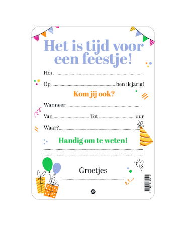 A6 uitnodiging achterkant, invulvelden, 'Het is tijd voor een feestje', set van 10 stuks