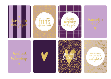 A6 wenskaarten - 8 verschillende dessins - Wenskaart voor elke gelegenheid - Paars/goud