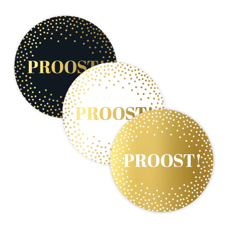 Feeststicker Proost met stippen – 3 varianten – D40mm