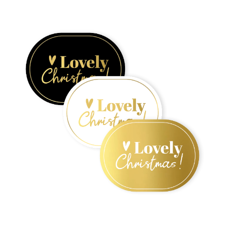 Kerststicker Lovely Christmas – 3 varianten – 59x43mm