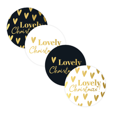 Kerststicker ‘Lovely Christmas’ met hart – 4 varianten – D40mm - Cadeausticker