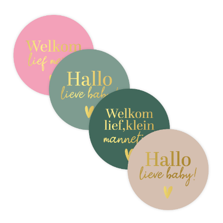 Baby sticker ‘Welkom lief/lieve’ met hart – 4 varianten – D40mm - Cadeaustickers