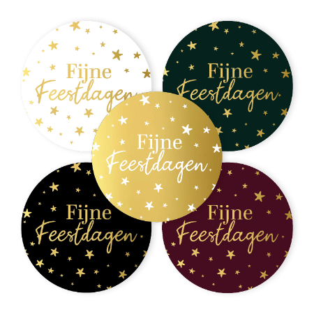Kerststicker ‘Fijne feestdagen’ – 5 kleurenvarianten – D40mm