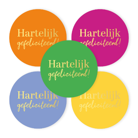 Verjaardags sticker ‘Hartelijk gefeliciteerd’ – 5 varianten – D50mm