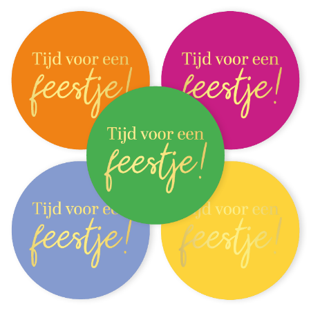 Verjaardag sticker ‘Tijd voor een feestje’ – 5 varianten – D50mm