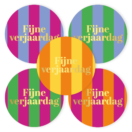 Sticker ‘Fijne verjaardag’ met strepen – 5 varianten – D50mm