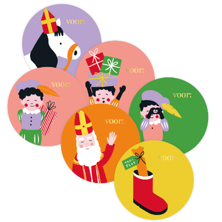 Sinterklaas stickers diverse kleuren - 'Voor:' Cadeaustickers – 6 varianten– D50mm