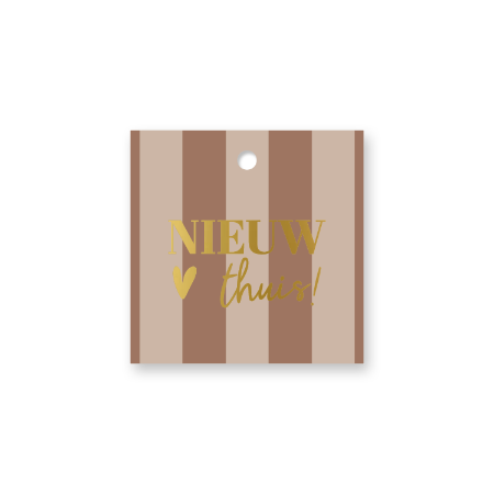 Cadeaulabel Nieuw thuis – 60x60mm – Verhuiskaartje bruin gestreept