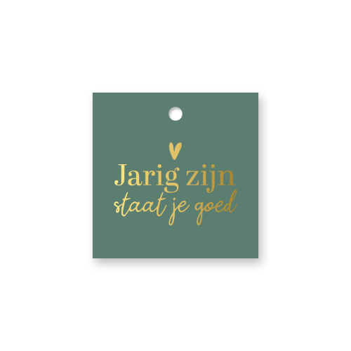 KP® Cadeaulabel - Jarig zijn staat je goed - 60x60mm Groen Cadeaulabel - Jarig zijn staat je goed in goud - 60x60mm - kadolabel
