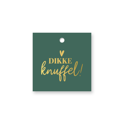 KP® Cadeaulabel - Dikke knuffel - 60x60mm Vierkant groen cadeaulabel Dikke knuffel in goud – 60 × 60 mm