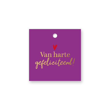 Paars Cadeaulabel 60x60mm - Van harte gefeliciteerd in goud label