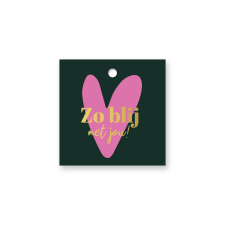 Cadeaulabel zo blij met jou! - Groen met roze hart - 60x60mm