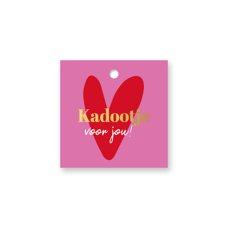 Cadeaulabel 'Kadootje voor jou' - Roze met rode hart - 60x60mm