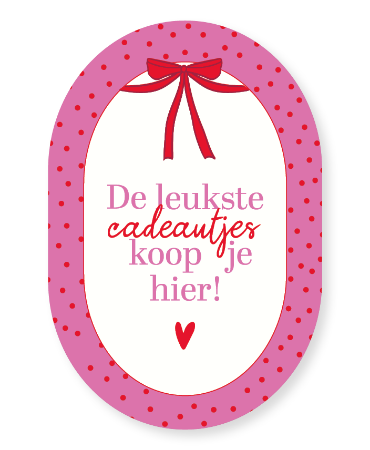 Raamsticker 40x60cm, ovaal met roze/rode kleuren en rode strik, tekst “De leukste cadeautjes koop je hier!”, feestelijke raamdecoratie, raamstickers cadeauwinkel