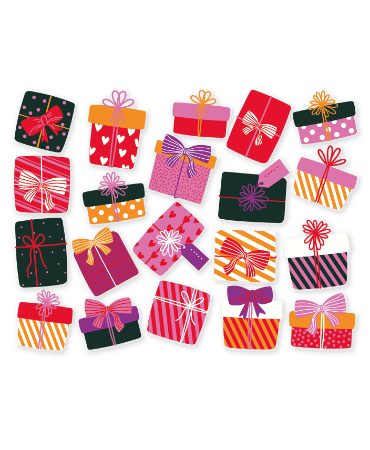 aamstickers div. maten, verschillende cadeautjes in roze/rode tinten, feestelijke raamdecoratie, raamstickers verjaardag en cadeauwinkels