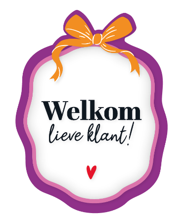 Raamsticker welkom lieve klant in paars kader met oranje strik