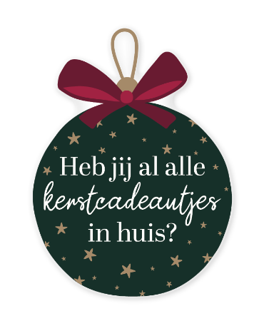 Raamsticker 37x50cm, groene kerstbal met tekst “Heb jij al alle kerstcadeautjes in huis?”, raamdecoratie kerst, raamstickers voor winkels of bedrijven