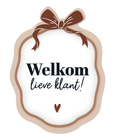 Raamsticker 45x60cm, transparante achtergrond met feestelijk mokka kader en strik, tekst “Welkom lieve klant!”, raamdecoratie winkel, raamstickers klanten verwelkomen