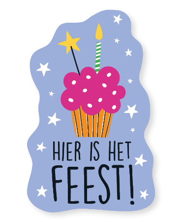 Raamsticker 38x60cm met cupcake en blauwe kader, tekst "Hier is het feest!" voor verjaardagen en raamdecoratie