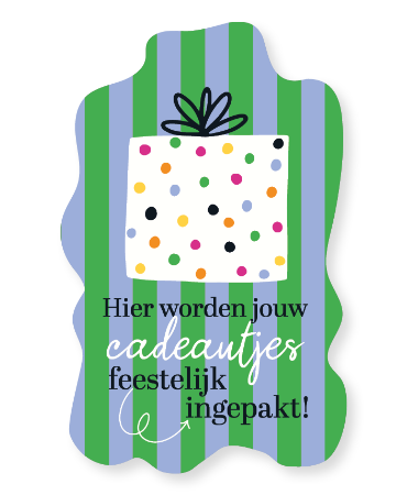 Raamsticker 38x60cm met cadeautje en blauw/groene gestreepte kader, tekst "Hier worden jouw cadeautjes feestelijk ingepakt" voor winkels raamdecoratie
