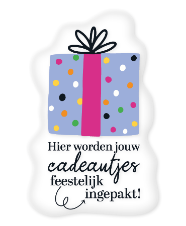 Transparante raamsticker 38x60cm met cadeautje, tekst "Hier worden jouw cadeautjes feestelijk ingepakt" voor raamdecoratie winkels