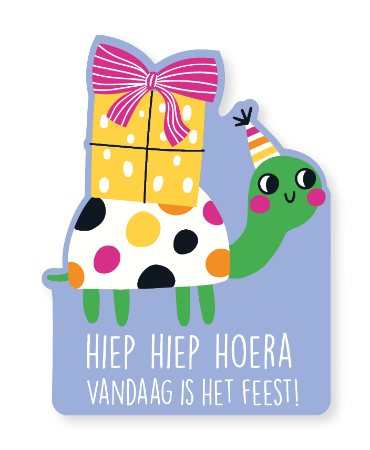 Raamsticker 38x50cm met schildpad en cadeautje op rug, blauwe kader en tekst "Hiep Hiep Hoera vandaag is het feest!" voor verjaardagsdecoratie