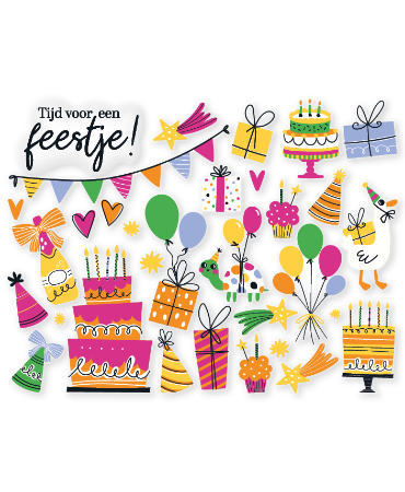 Raamstickers in diverse maten met feestelijke birthday doodles voor verjaardagen en raamversiering