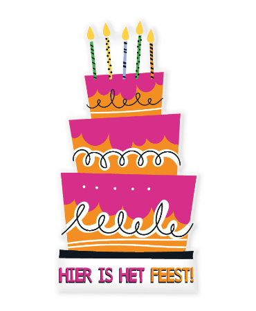 Raamsticker 26x50cm in taartvorm met tekst "Hier is het feest!" voor verjaardagen en feestdecoratie