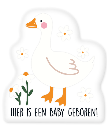 Raamsticker 45x50cm met afbeelding van een baby gans en tekst "Hier is een baby geboren!", raamstickers babyshower en geboortefeest