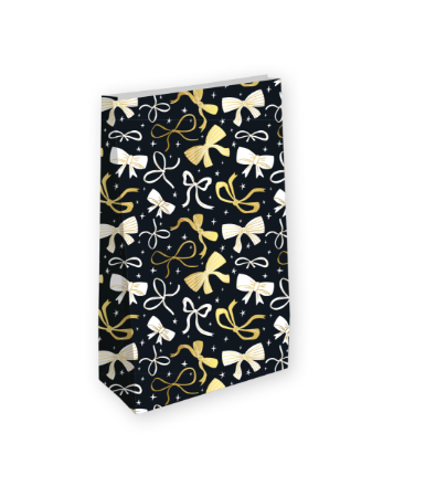 Kraft papieren cadeauzak met zwarte en gouden strikprint, 25 stuks, 14+8x26cm