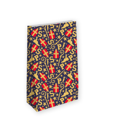 Kraft papieren sinterklaaszak met blauwe mijterprint, 25 stuks, 14+8x26cm