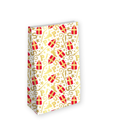 Sinterklaas Kraft papieren cadeauzak met witte mijterprint, 25 stuks, 14+8x26cm