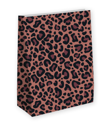 Grote kraft papieren cadeautas rozig met luipaardprint, 25 stuks, 27+15x36cm