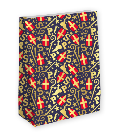 Grote kraft papieren zak blauw met mijterprint, 25 stuks, 27+15x36cm