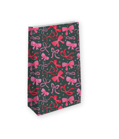 Kraft papieren zak met kleurrijke roze strikprint, 25 stuks, 14+8x26cm