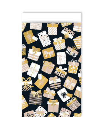 Zwart cadeauzakje met gouden cadeautjes - 12x19cm - kerstzakje