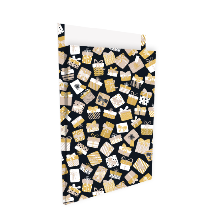 Zwarte cadeauzak met kadootjes print in goud - 27x34+4cm