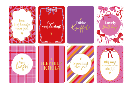 A6 wenskaarten - 8 verschillende vrolijke dessins - Wenskaarten voor jou - Roze/rood