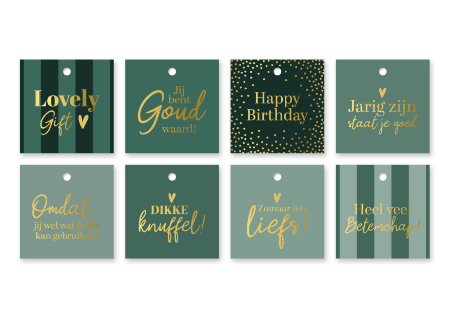Groene cadeaulabels met gouden tekst - 8 verschillende dessins