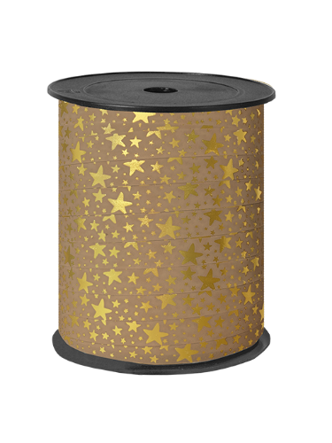 KP® Bedrukt cadeaulint - Stars mokka/goud - 10mmx150m Cadeaulint mokka met gouden sterren - 10mm x 150 meter